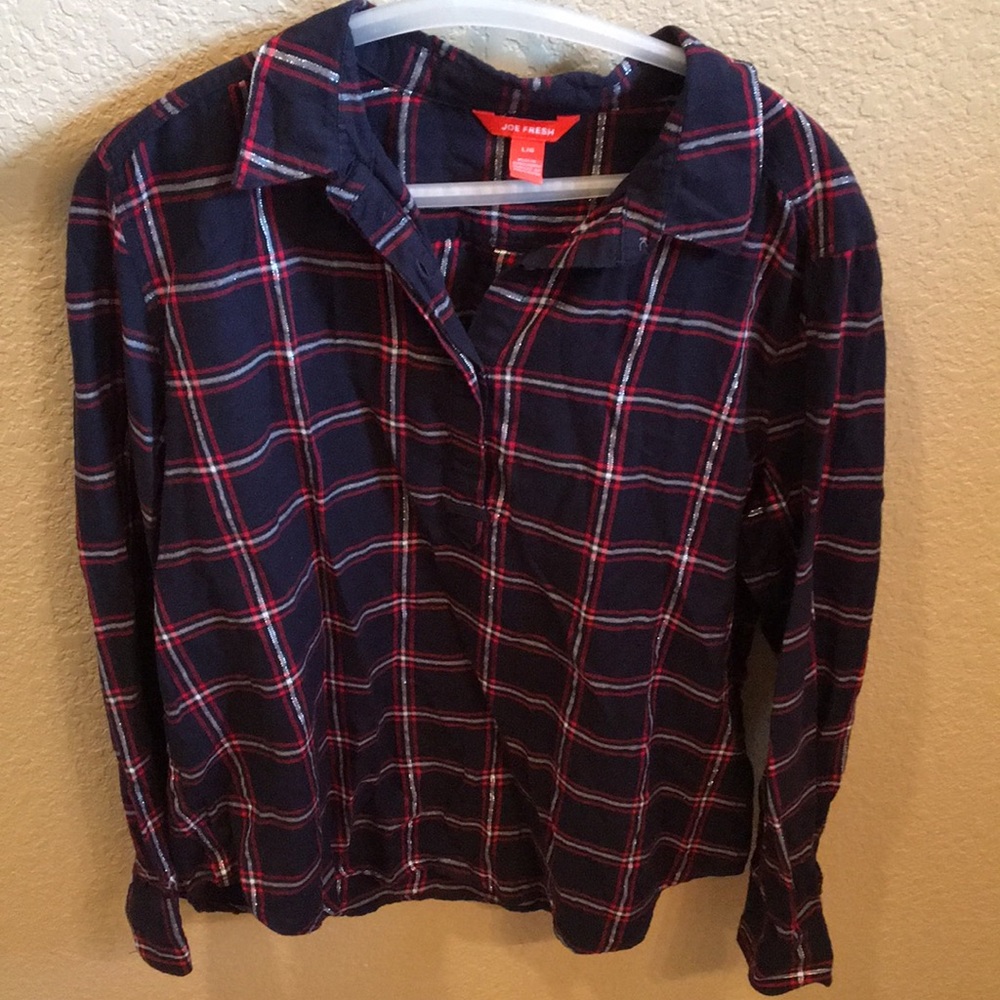 red, white and blue half button up shirt